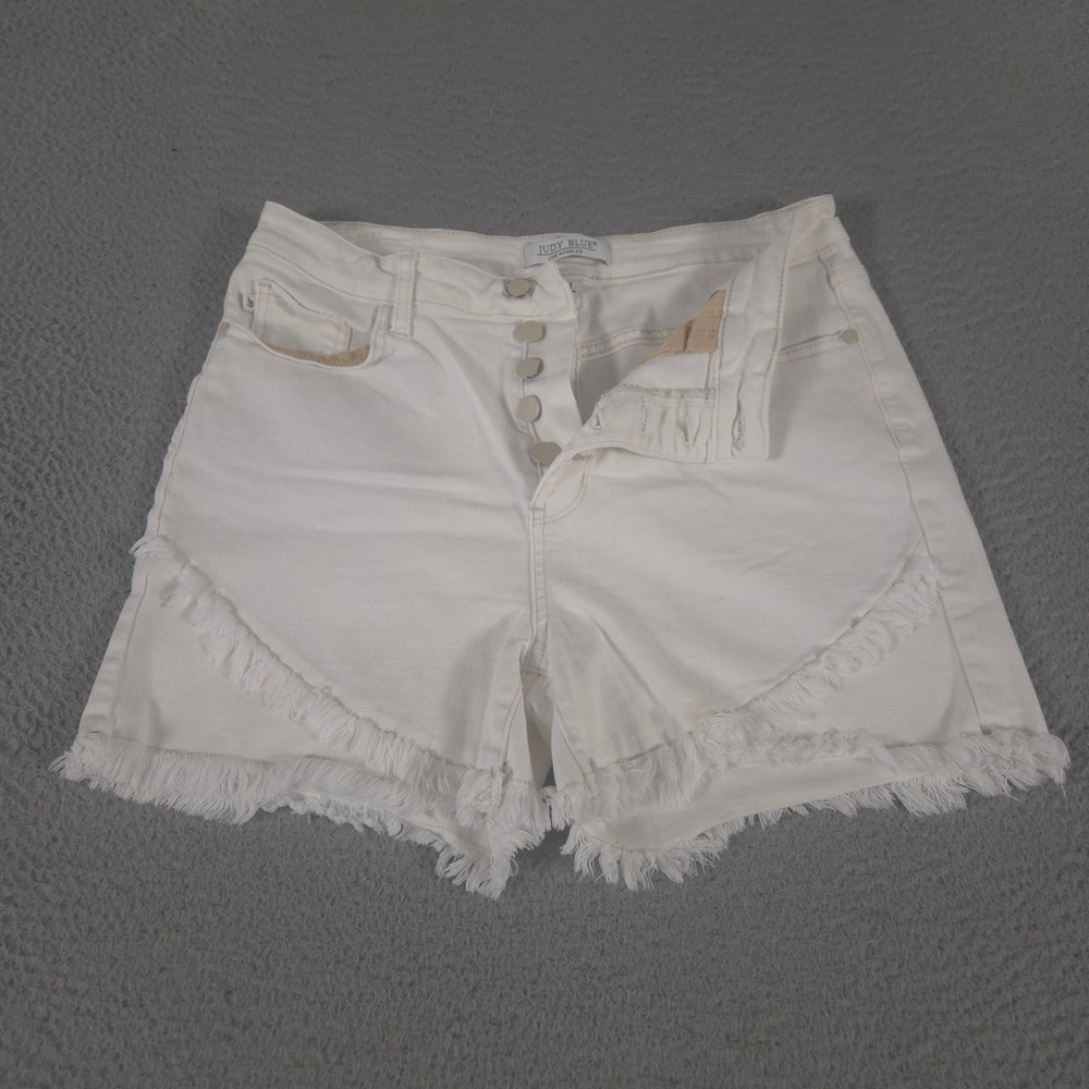 Judy Blue Shorts Womens XL White Tulip Raw Hem Fringed Button Fly Denim Jorts